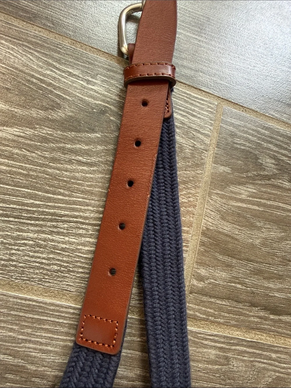 Crewcuts Boys Navy Blue Woven Belt with Brown Leather Trim Size Medium EUC